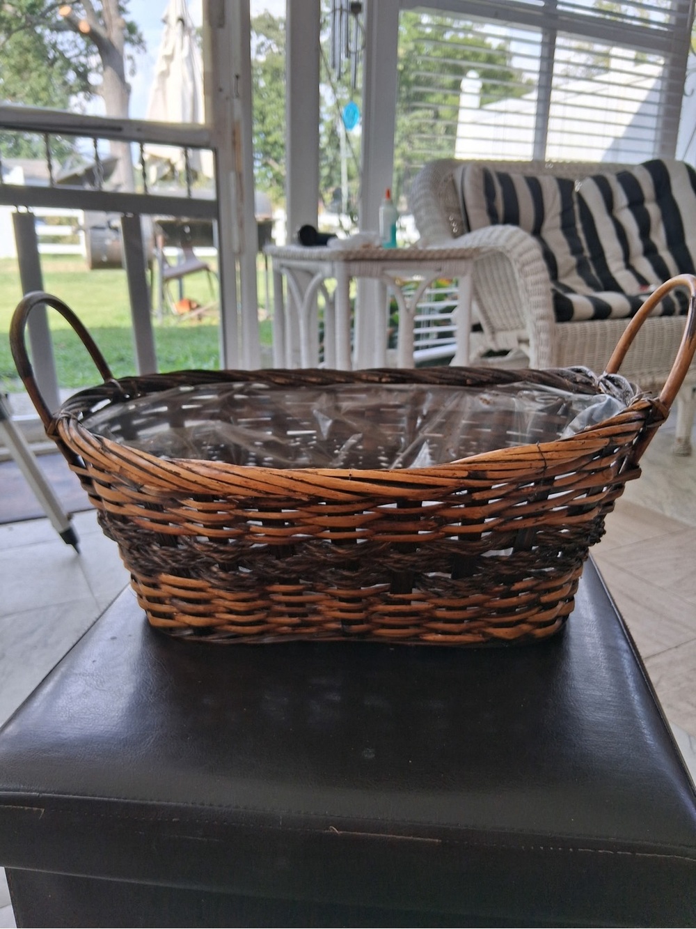 Woven Two-Tone Brown Wicker Serving Basket with Handles